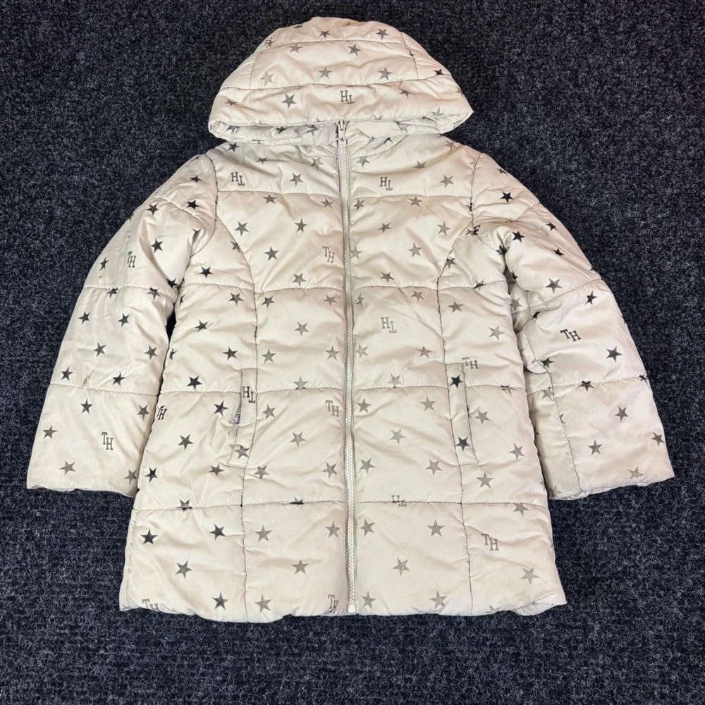 Tommy Hilfiger Girls Cream Star Print Puffer Jacket Hooded Fleece Lined Size 7